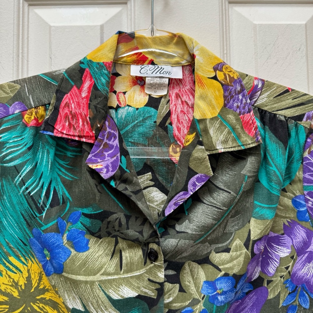 Vintage 90s Tropical Floral Parrots Hawaiian Shirt Blouse Tiki Butterfly Jungle - Picture 3 of 10